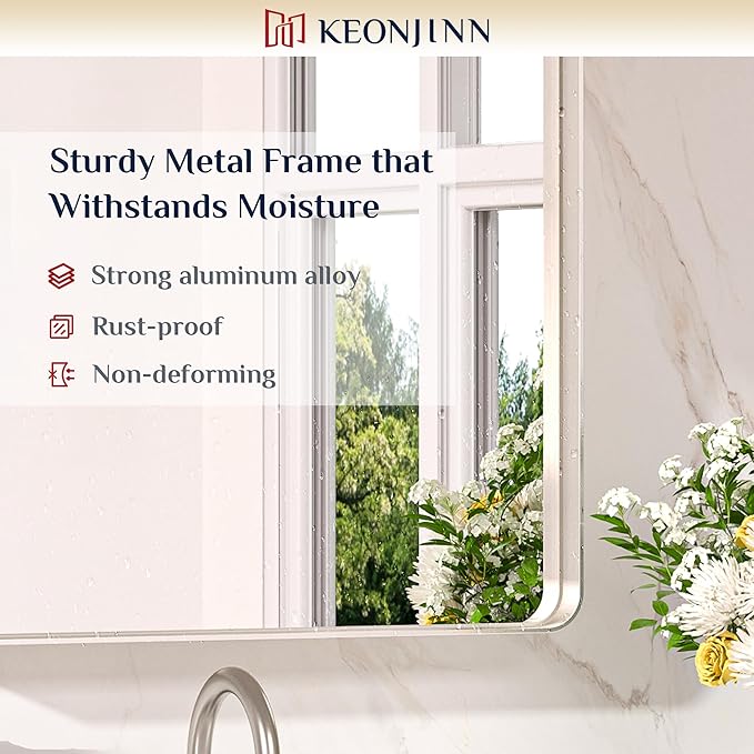 Keonjinn 30 x 36 Brushed Nickel Bathroom Mirrors for Over Sink, Rounded Rectangle Bathroom Vanity Mirror, Brushed Silver Framed Farmhouse Mirror, HD Tempered Glass Wall Mirror(Horizontal/Vertical)