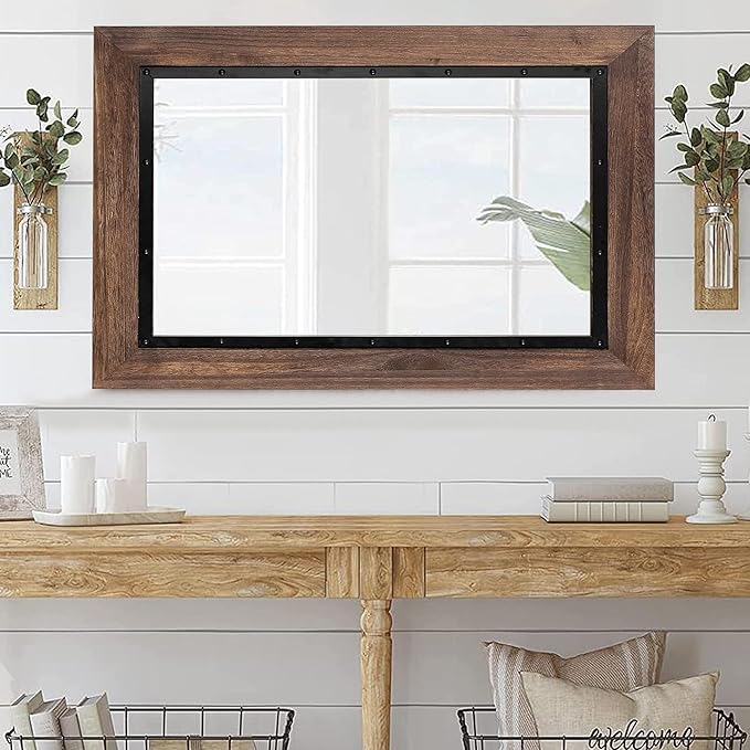 YOSHOOT Rustic Wooden Framed Wall Mirror, 48"x30", Natural Wood and Iron Bathroom Vanity Mirror for Farmhouse Decor, Vertical or Horizontal Hanging