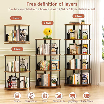 Aheaplus 4 Tier Rotating Bookshelf Tower, 360 Display Spinning Bookcase, Revolving Round Book Shelf Narrow Swivel Bookshelf, Vertical Turning Corner Book Organizer for Small Space, Rustic Brown