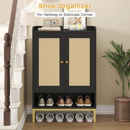 Rattan Shoe Cabinet Storage for Entryway, Shoe Cabinet with Adjustable Shelves for Entryway, 5-Tier, 20 Pair Shoe Rack Storage for Hallway, Closet, Living Room, Black