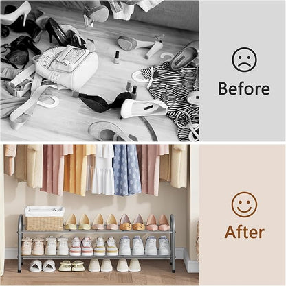 Hoctieon 2 Tier Shoe Rack for Closet, Durable Mesh Style Shoe Rack, Entryway Shoe Shelf, Shoe Storage Organizer for Hallway, Bedroom, Living Room, Wardrobe, Grey