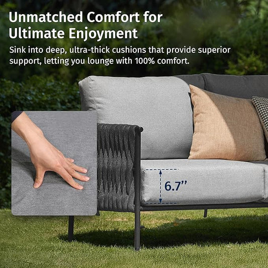 EAST OAK 5-Piece Patio Furniture Set | Life Chatter 5-Seat Outdoor Furniture | Deep Seating & Two Coffee Tables | Waterproof Extra-Thick Cushions | Porch, Balcony & Backyard | Earth Black & Misty Grey