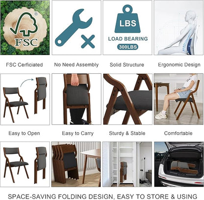 Ball & Cast Upholstered Folding Chairs Set of 2 with Ergonomically Designed Back and Solid Wood Frame, for Dining Room and Office,Indoor and Outdoor Events,Space Saving,Dark Grey+Walnut
