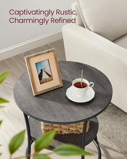 VASAGLE Side Table, 2-Tier Round End Table, Nightstand with Steel Frame for Small Spaces, Living Room, Bedroom, Misty Gray and Ink Black