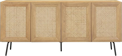 NTC MOSSIC Modern Sideboard with 4 Doors, Natural Rattan Storage Cabinet, Buffet with Metal Legs, Boho Accent Cabinet for Living Room, and Entryway, Effortless Assembly, Sand