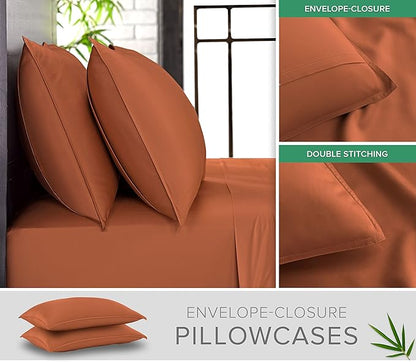 Queen Sheets by Pure Bamboo, Genuine 100% Organic Viscose Derived from Bamboo Bed Sheet Set, Luxuriously Soft & Cooling, Double Stitching, Lifetime Quality Promise (Queen, Terracotta)