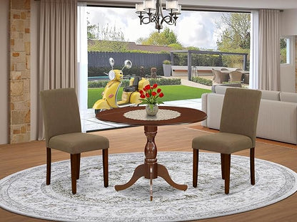 East West Furniture DMAB3-MAH-18 3 Piece Dining Room Table Set Contains a Round Dining Table with Dropleaf and 2 Coffee Linen Fabric Upholstered Parson Chairs, 42x42 Inch, Mahogany