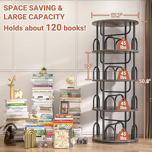Aheaplus 4 Tier Rotating Bookshelf Tower, 360 Display Spinning Bookcase, Revolving Round Book Shelf Narrow Swivel Bookshelf, Vertical Turning Corner Book Organizer for Small Space, Black Oak