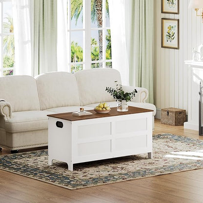 Storage Chest, 39.4” Large Toy Chest, Entryway Storage Trunk, Storage Bench with Safety Hinge, Entrance Bench for Living Room, Entrance, Bedroom, White+Walnut SCBZ48301