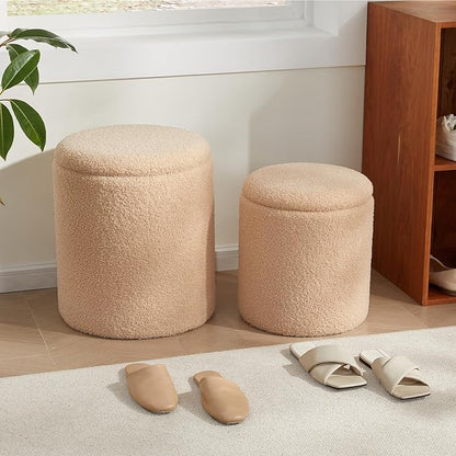 Boucle Round Ottoman with Storage Set of 2,Small Foot Stool Ottoman for Living Room, Small Coffee Table,Vanity Stool with Storage for Bedroom, Beige