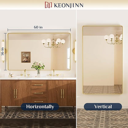 Keonjinn Gold Mirrors for Wall, 60” x 36” Large Brushed Brass Bathroom Mirrors for Over Sink, Rounded Rectangle Farmhouse Vanity Mirror, HD Tempered Glass Modern Decorative Mirror(Horizontal/Vertical)