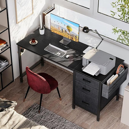 Casaottima 48" Small Computer Home Office Desk for Bedroom with Fabric Drawers & File Cabinet, Cloth Storage Bag and Hook, Writing Study Work Table for Small Space, Black