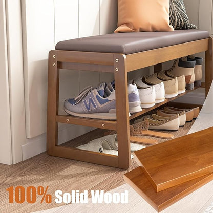Shoe Storage Bench with Cushion - 2-Tier Shoe Rack Entryway Bench with Flip-Top Storage, Walnut Wooden Shoes Benches Organizer for Entryway, Hallway, Living Room, Bedroom, Closet(Walnut, 39.4" W)