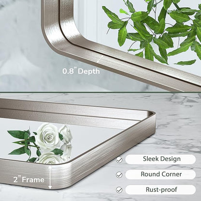 TokeShimi 24x32 Brushed Nickel Bathroom Wall Mirror Vanity Metal Frame Round Corner Rectangular for Home Decor Living Room Entryway (Horizontal/Vertical)