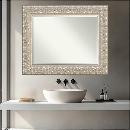 Amanti Art Silver Bathroom Mirror for Over Sink, 31x25 Luxe Silver Cream Rectangle Vanity Mirror, Medium Traditional Frame, Hangs Horizonally and Vertically, Bathroom Wall Decor, Beveled Edge