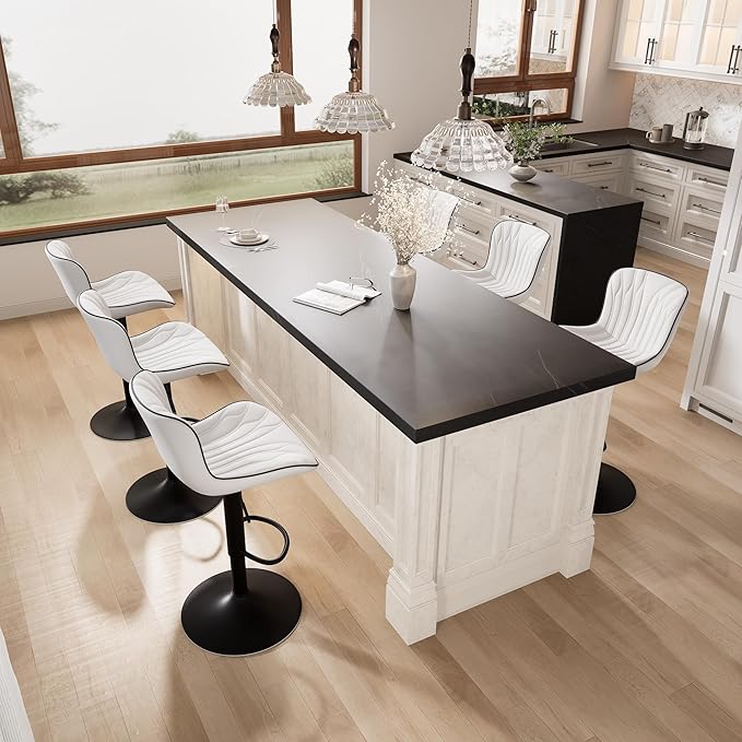 YOUNIKE White Bar Stools Set of 4 Modern Swivel Counter Height Bar Chair with Back Adjustable Kitchen Island Faux Leather Padded Barstools taburetes de bar Breakfast sillas para barra de cocina 4PCS