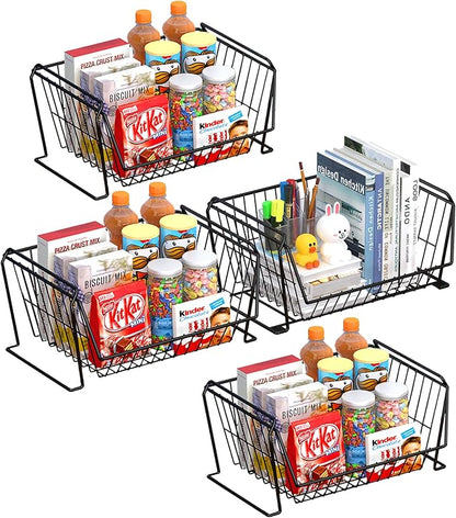 PUSDON 4-Tier Stackable Metal Storage Baskets, Anti-Rust Fruit Vegetable Rack, Dual Use Shelf for Kitchen, Home & Office, Black