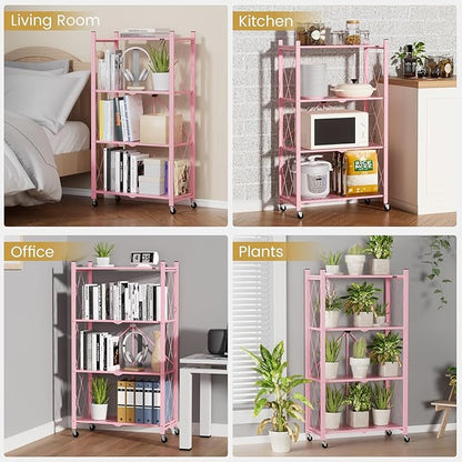 ALANNG Storage Shelves with Wheels, Bookshelf with Storage, No Assembly Metal Rack Shelf for Kitchen, Office, Laundry, Garage (4 Tier, Pink)