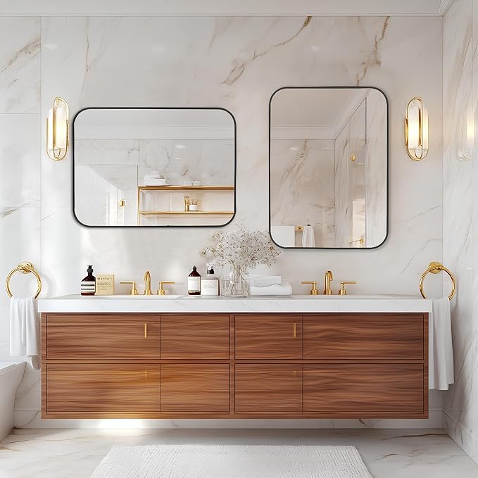 MZON 24x36 Inch Matte Black Bathroom Mirror, Rounded Rectangle Mirror for Living Room or Bathroom, Anti-Rust Frame & Tempered Glass, Horizontal/Vertical Mount - Luxe & Modern Home Decor