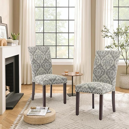 Parsons Dining Chairs Set of 6, Upholstered Nailhead Dining Room Kitchen Side Chair with Thick Cushions and Wood Legs, White/Grey
