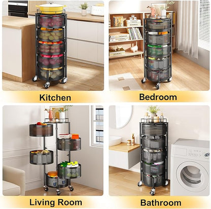 SNTD Fruit and Vegetable Basket Bowls for Kitchen with Metal Top Lid, 5 Tier Rotating Storage Rack Cart for Potato Onion Bread Banana, Wire Basket Organizer on Wheels, Large, Black