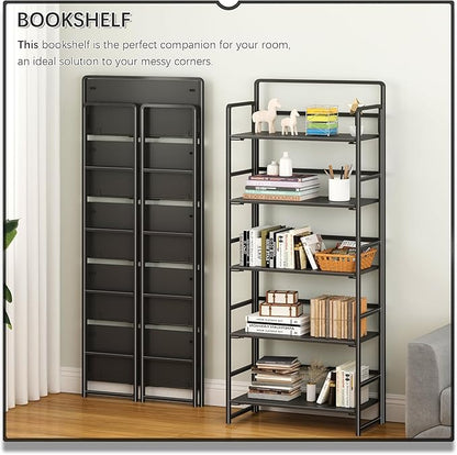 4NM No-Assembly 5 Tiers Folding Bookshelf Storage Shelves Vintage Bookcase Standing Racks Study Organizer Home Office (All Black)