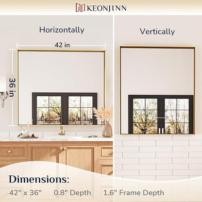 Keonjinn Brushed Gold Bathroom Mirror 42 x 36 Inch Metal Frame Rectangular Large Wall Mirror for Bathroom Sink Gold Vanity Mirror for Over Sink Aluminum Alloy Rectangle Mirror(Horizontal/Vertical)