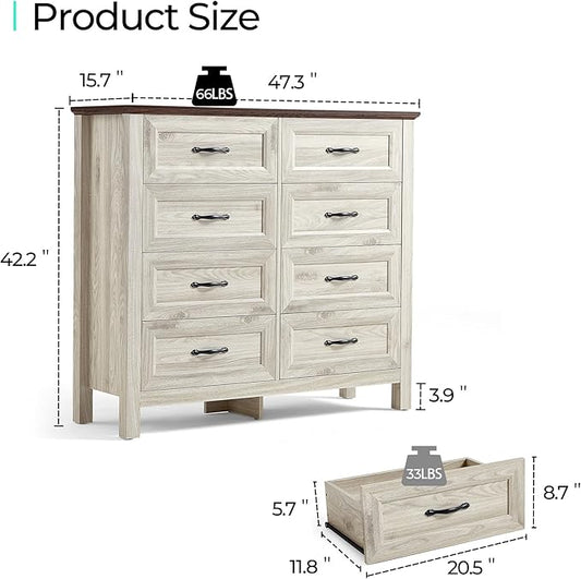 LINSY HOME 8 Drawers Dresser for Bedroom, 47" Wide Wooden Storage Chest with Antique Handles, Modern Farmhouse Dresser TV Stand with Wood Legs for Closet, Living Room, Hallway, Beige