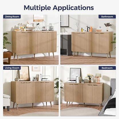 47.2" Buffet Cabinet with 4 Doors, Accent Sideboard Cabinet with Adjustable Shelf, Dining Room Sideboard with Waveform Panel, Credenzas for Living Room, Hallway, Natual Oak
