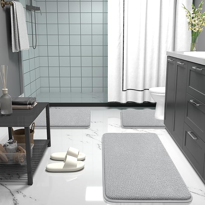OLANLY Thick Memory Foam Bath Mat Rug 24x16, Extra Soft Absorbent Bathroom Rug, Quick Dry Bath Mats, Non-Slip, Machine Washable Carpet for Bathroom, Tub and Shower, Home Decor Accessories, Light Grey