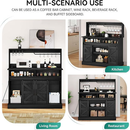 YITAHOME Buffet Cabinets with Upper Rack, Farmhouse Coffee Bar Cabinet with Power Outlet & Goblet Holder, 47 Inch Sideboard Cabinets with Sliding Barn Door for Kitchen, Living Room (Black Oak)