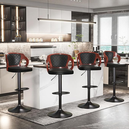 VECELO BarStools Set of 2,Counter Height Stools with Bentwood Back&Arm, Swivel Barstools,PU Leather Kitchen Island Stools, Adjustable Height Bar Chairs for Club Pub Dining Room,Black