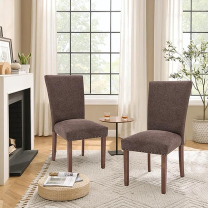 Parsons Dining Chairs Set of 2, Upholstered Nailhead Dining Room Kitchen Side Chair with Thick Cushions and Wood Legs, Brown