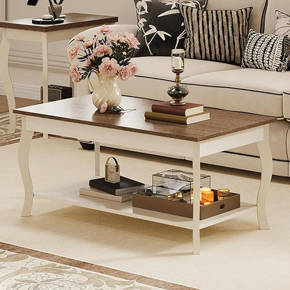 ChooChoo Coffee Table, Rustic Center Table with Curved Legs and Storage Shelf, 39" Coffee Table for Living Room, Soft White