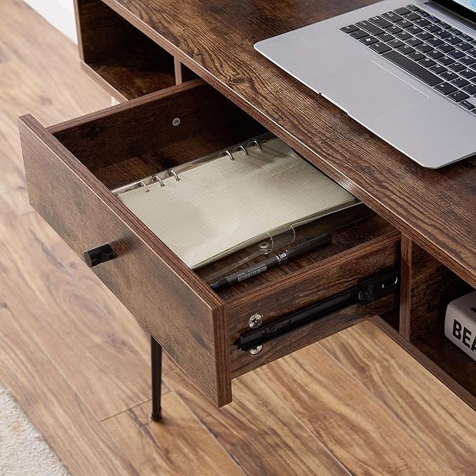 VECELO 39.3" Home Office Work Table with Drawers,Computer Desk with Hairpin Leg for Writing/Study,Classic Brown