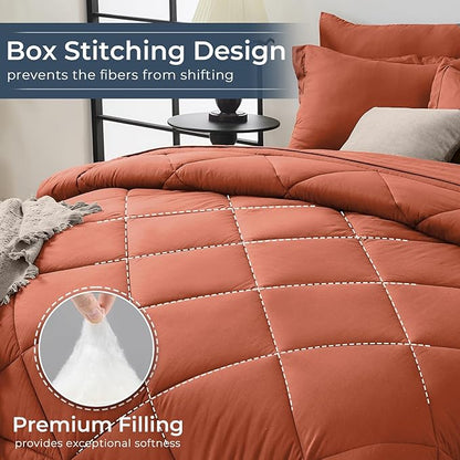 HEVUMYI Burnt Orange Cali-King Comforter Set - 7-Piece All Season Bed in a Bag Cali-King, Ultra Soft Bedding Set with Comforter, Flat Sheet, Fitted Sheet, Pillowcases, Pillow Shams