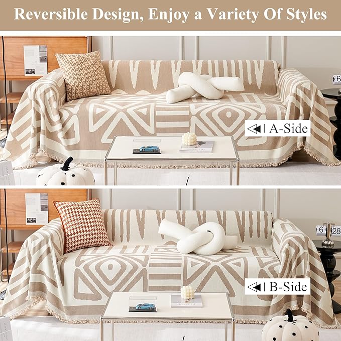 STACYPIK Thick Boho Sofa Cover Beige Khaki Triangle Plaid Couch Cover Skin Pet-Friendly Chenille Sofa Protector for 3 Cushion Couch Reversible Couch Cover Tassel Washable Sectional Sofa Cover-91X134IN