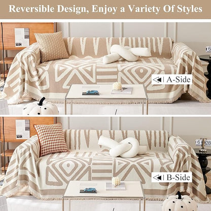 STACYPIK Thick Boho Sofa Cover Beige Khaki Triangle Plaid Couch Cover Skin Pet-Friendly Chenille Sofa Protector for 3 Cushion Couch Reversible Couch Cover Tassel Washable Sectional Sofa Cover-91X134IN