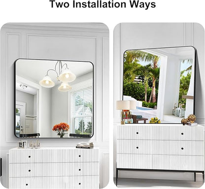 KOCUUY 42"x42" Large Square Vanity Mirror, Black Metal Frame Mirror with Rounded Corner, Modern Design of Upgraded Shatterproof Glass for Bathroom, Bedroom, Living Room, Entryway
