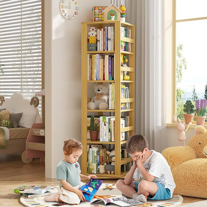 Homykic Rotating Bookshelf, Bamboo 360 Display Spinning Bookshelf Tower, 5-Tier Small Corner Bookcase for Small Spaces, Narrow Revolving Book Shelf Organizer Rack for Home Office, Natural