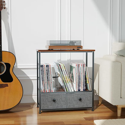 Record Player Stand with Vinyl Storage, 2-Tier Record Shelf Table with Fabric Drawer, Holds Up to 110 Vinyl Records, Record Player Table for Turntable and Albums, 23.62"D × 11.81" W× 25.59"H