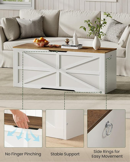 Storage Chest, 47.2" Wooden Storage Trunk, Modern Storage Bench with Safety Hinge, Toy Box, Farmhouse Style, for Bedroom, Living Room, Walnut and White MCW16WL