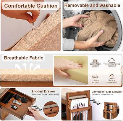 Shoe Storage Bench for Entryway, Bamboo Entryway Bench with Hidden Drawer and Side Brackets,2-Tier Shoe Rack Organizer for Entryway, Hallway,Bedroom and Bathroom