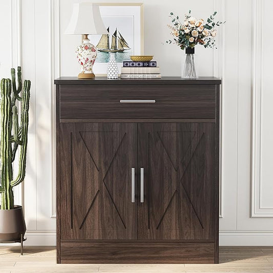 Shintenchi Farmhouse Storage Cabinets with Doors and Shelves,Kitchen Barn Door Storage Cabinet with Drawers,Coffee Bar Cabinet Buffest Sideboard for Dining Living Room,Bathroom,Entryway,Dark Brown