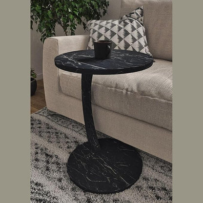 C Shaped End Table for Couch Small Places, Faux Marble Black Space Saver Round Side Table for Sofa and Bedside with Wheels, Coffee and Eating Snack Time Tray for Living Room, Office