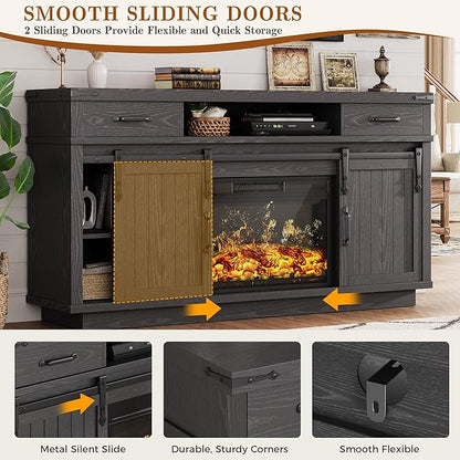 59'' Fireplace TV Stand with 3D Flame Electric Fireplace Heater, 34'' Tall Farmhouse TV Stand for 65 Inch TV, Entertainment Center TV Console with 2 Drawers, Sliding Barn Door for Living Room - Black