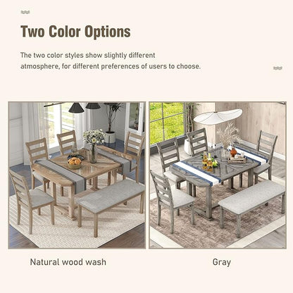Merax 6-Piece Rubber Wood Dining Table Set with 4 Cushioned Chairs and Bench, Beautiful Wooden Grain Pattern Tabletop, Natural Wood Wash