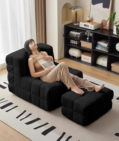 Bean Bag Chair - Memory Foam Bean Bag Chair for Adults, Comfy High-Resilience Single Sofa, Small Space Floor Chair, Chaise Lounge for Living Room, Bedroom (Black, Square + Ottoman)