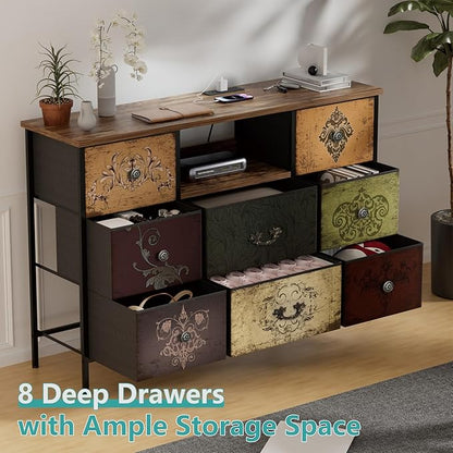 Pattern Dresser with LED Lights and Power Outlets, Dresser TV Stand with 8 Drawers for 55" TV, Fabric Chest of Drawers for Bedroom, Living Room, Entryway
