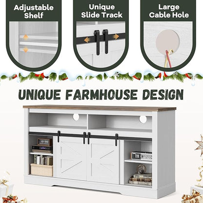 YESHOMY Fireplace TV Stand for Television up to 65+ Inch with Storage and Farmhouse Sliding Barn Doors, Entertainment Center with Cabinet and Shelves, Media Console for Living Room, White